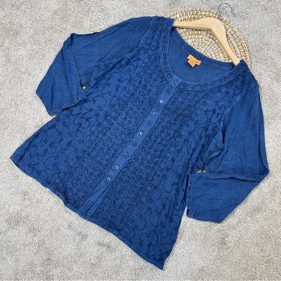 Sakkas Fedella Deep Scoop Neck Longsleeve Top Adjustable Back Straps Blue 1X/2X - Picture 2 of 14